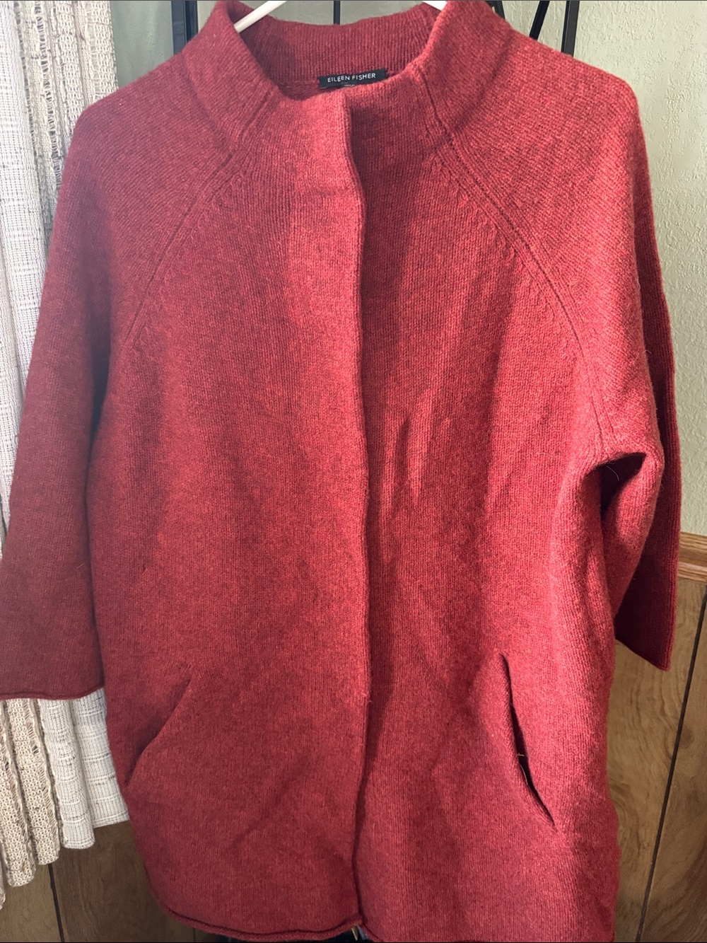 Eileen Fisher Brick Red Open-Front Wool-Blend Cardigan